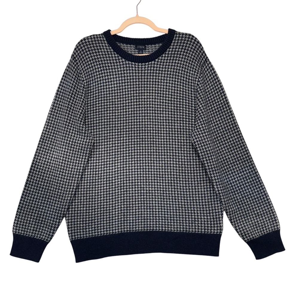 J.Crew Mens Houndstooth Crewneck Sweater Navy‎ Blue Gray Lambswool Blend Size M